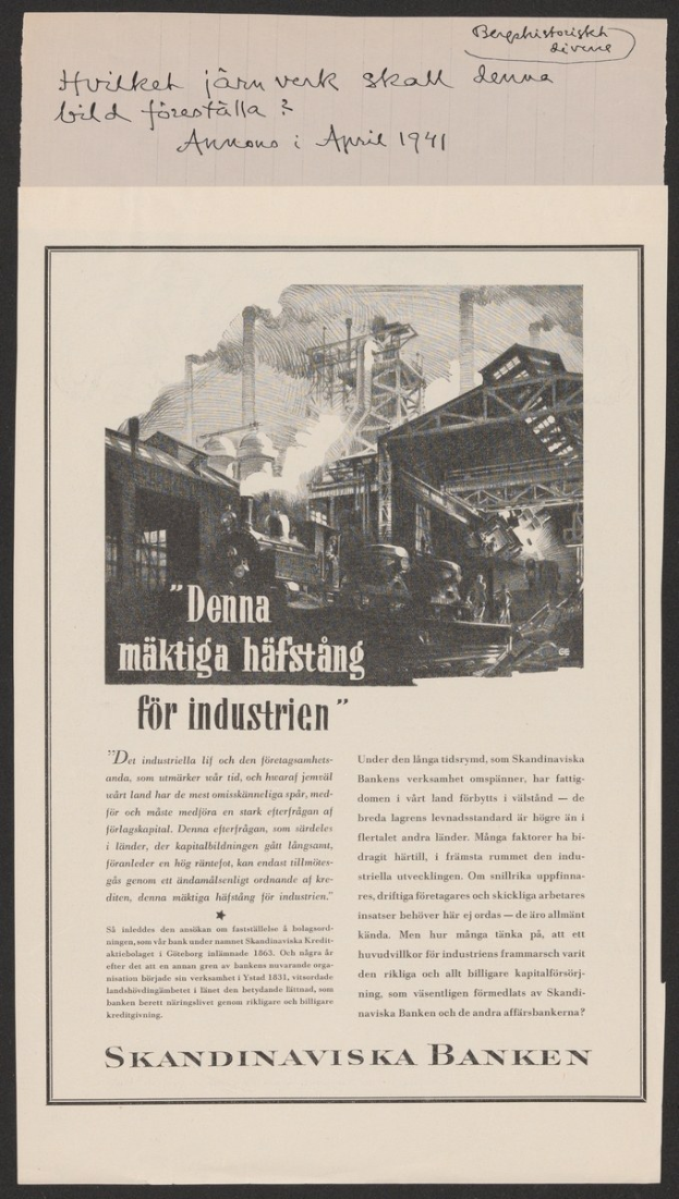 Old advertisement for Skandinaviska Banken featuring a large modern building with a sloping roof and multiple windows, with bold text promoting the bank's services.
