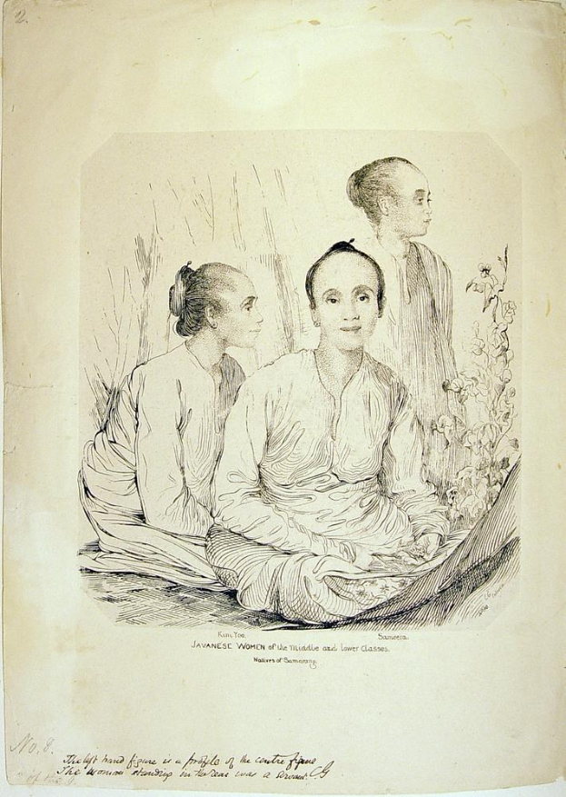 An old book page featuring a drawing of three Javanese women sitting on the ground among plants and flowers, with the caption "Javanese Women of the Middle and Lower Classes" at the bottom.