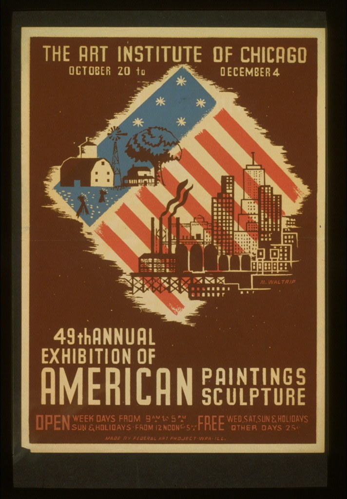 Poster for the Art Institute of Chicago's 49th Annual Exhibition of American Paintings and Sculpture, displaying text and related images.