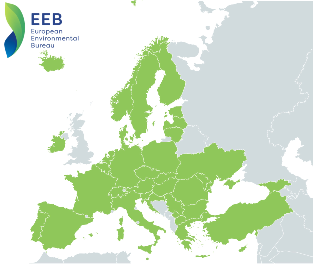 Eine Europakarte mit dem Logo der Europäischen Umweltbureau (EEB) oben links, in verschiedenen Grüntönen schattiert, um die EU-Regionen anzuzeigen.