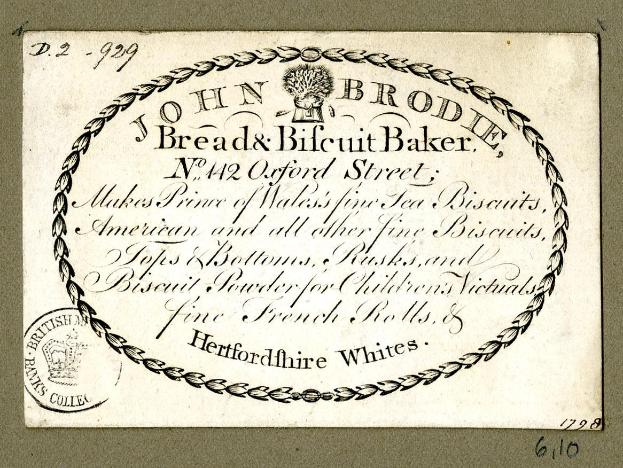 Alte Visitenkarte für John Brodie Bread & Biscuit Baker mit Text über das Bakery-Angebot.
