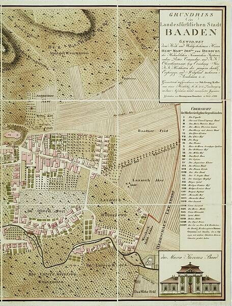 Old detailed map of Baden-Württemberg, Germany, with a building in the bottom right corner, showing streets, buildings, and landmarks.