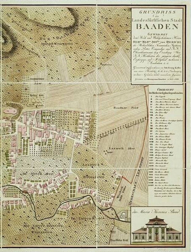 Old detailed map of Baden-Württemberg, Germany, with a building in the bottom right corner, showing streets, buildings, and landmarks.