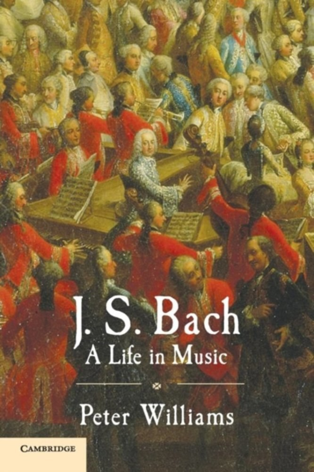Plakat für "Ein Leben in Musik" von J.S. Bach mit einer Gruppe von Musikern, die Instrumente spielen, und dem Titel oben.