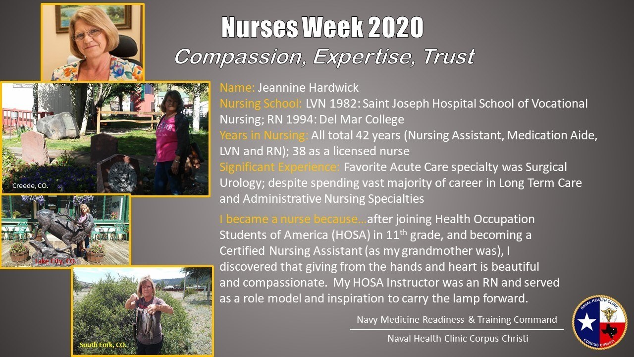 Plakat zur Nurses Week 2020 mit dem Motto "Mitgefühl, Expertise, Vertrauen", das mehrere Nurse-Abbilder und eine klare blaue und weiße Schrift auf einem beruhigenden Hintergrund zeigt.