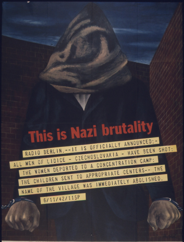 Plakat an einer Wand mit einer Person in einer schwarzen Kapuzenjacke und ernstem Gesichtsausdruck, die eine Maske trägt, und fetter weißer Schrift, die 'Das ist Nazi-Gewalt.'