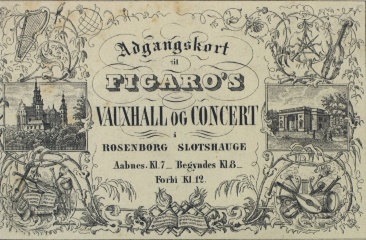 Old ticket for Figaro's Vauxhall Concert in Rosenborg with images of buildings, trees, musical instruments, and text.