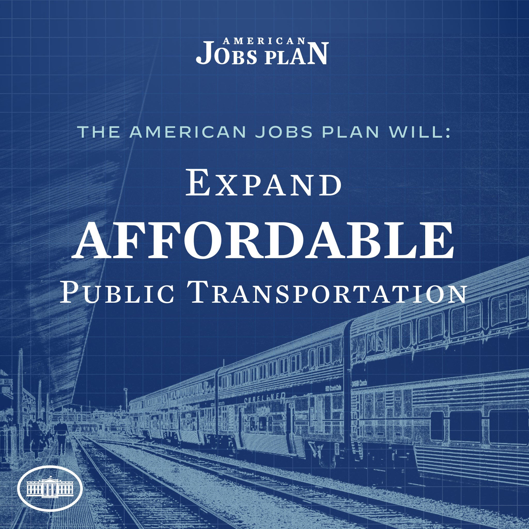 Plakat mit einem Zug auf einem Bahngleis mit mehreren Menschen in der Nähe, das "The American Jobs Plan Will Expand Affordable Public Transportation" bewirbt.