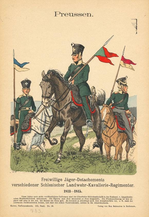 Old book cover with a drawing of uniformed cavalrymen holding flags and the title "Freiwillige Jäger-Detachments Verschiedener Schlesischer Landwehr-Kavallerie-Regimenter 1813-1815".
