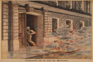 Ein Mann steht in der Tür eines Gebäudes, aus dem Rauch austritt, und ein Text am unteren Rand lautet "explosion de la rue de monceau".