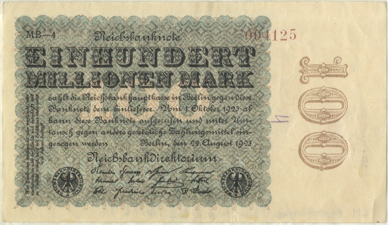 German 1923 banknote with "Einhundert Millionen Mark" printed on it.