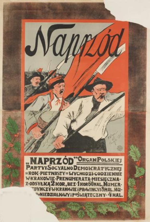 Polish propaganda poster for the Polish Revolution featuring a central figure with a human face and text providing event information.