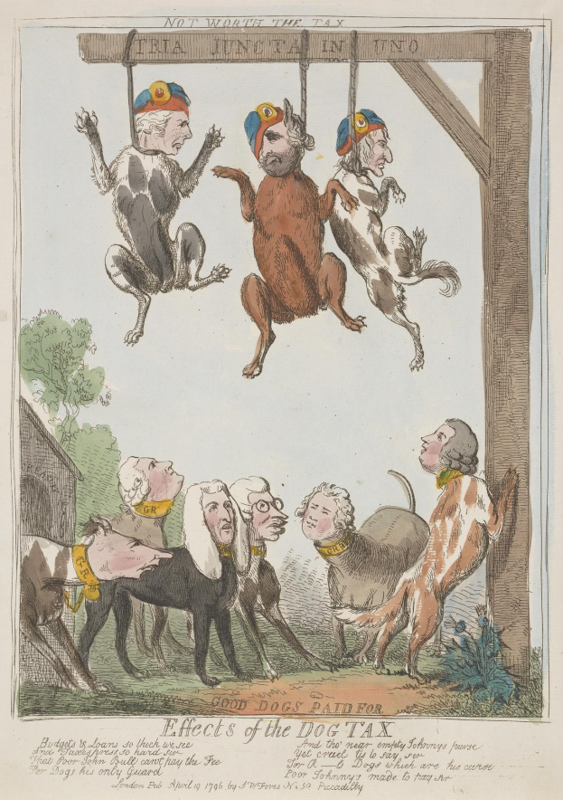 Ein Blatt Papier mit einer Zeichnung von Menschen und Tieren, darunter ein Hund, der an einem Holzpfahl hängt, sowie einigen Text, der die Auswirkungen einer Hundesteuer beschreibt.