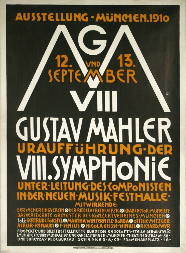 Poster for Gustav Mahler's symphonic concert in Munich, Germany, displayed in the center of the image with text.