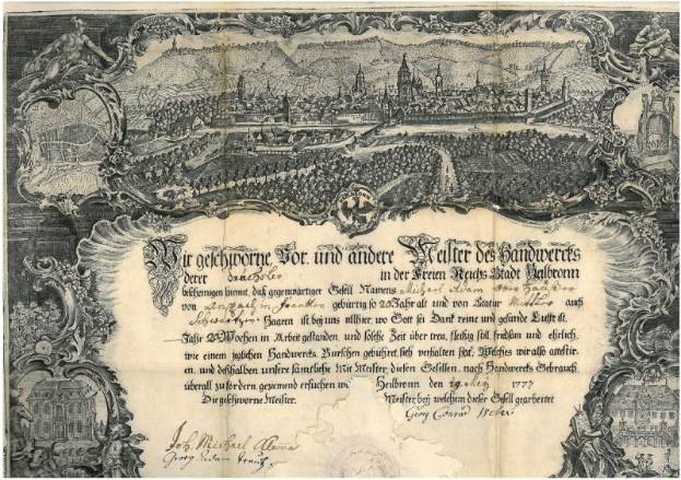 Eine alte deutsche Banknote mit einer Stadtansicht, umgeben von Text und dekorativen Elementen.