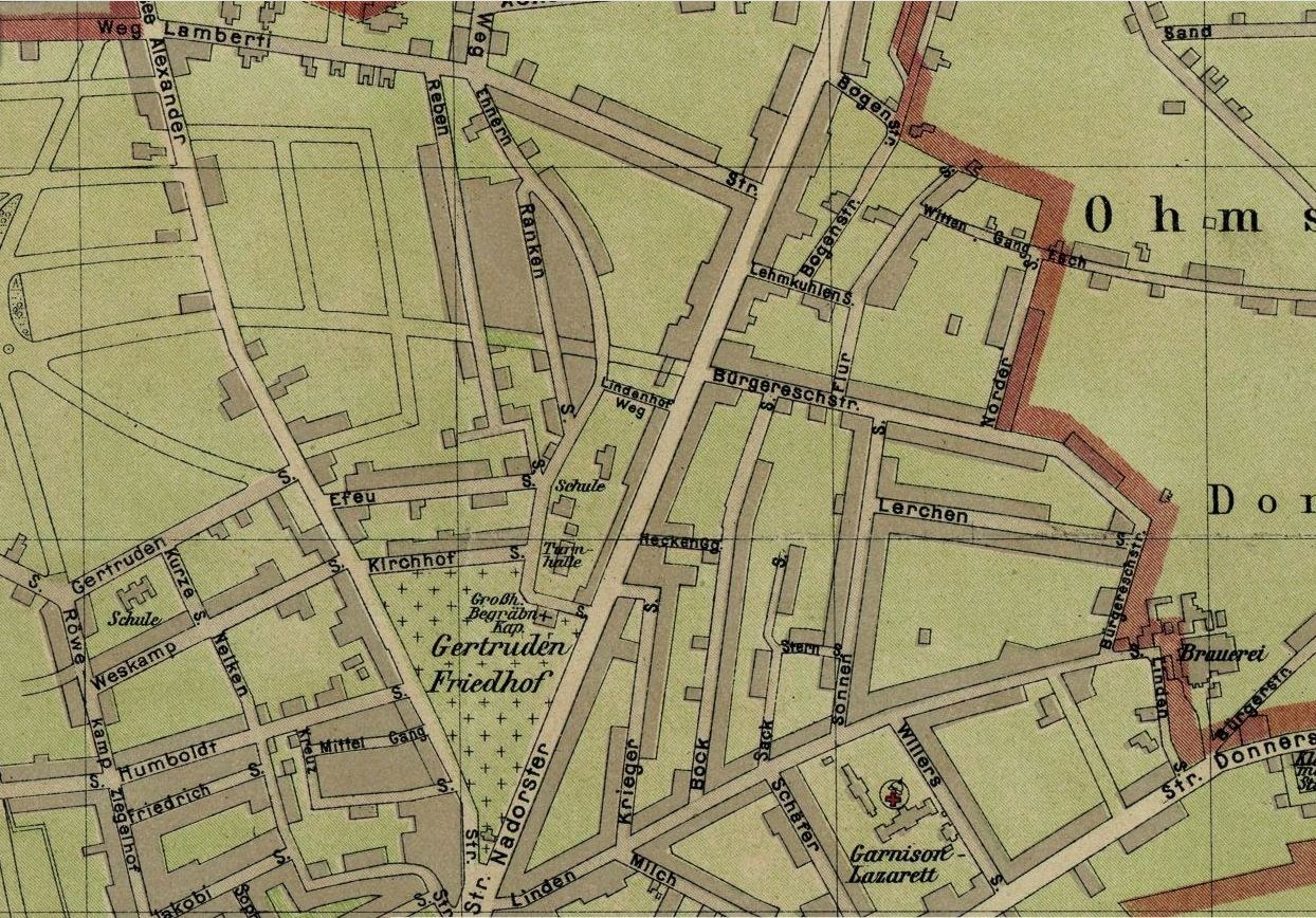 Black and white map of Omsk, Germany, with numbered locations and text annotations.