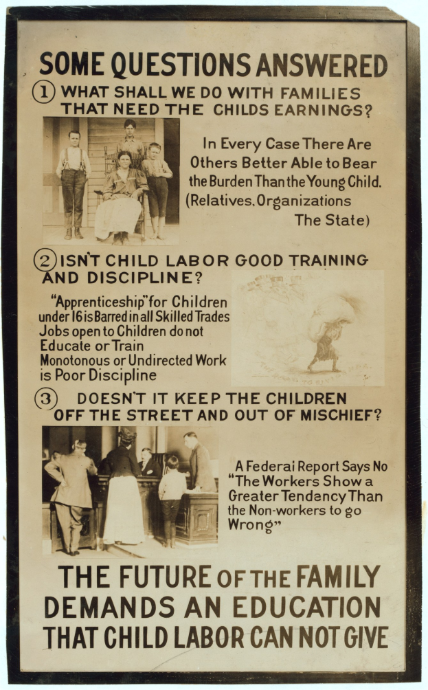 Ein Plakat mit einem hellgelben Hintergrund zeigt eine Gruppe von Menschen verschiedenen Alters und Geschlechts im Kreis stehend, mit dem Text "Die Zukunft der Familie verlangt eine Bildung, die Kinderarbeit nicht geben kann."