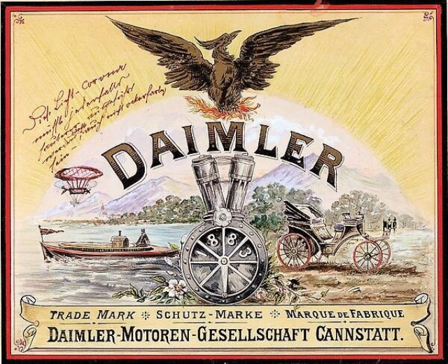 Poster featuring a horse-drawn carriage, a boat on water, trees, mountains, an eagle, and the text "daimler motor-motoren-gesellschaft cannstatt".