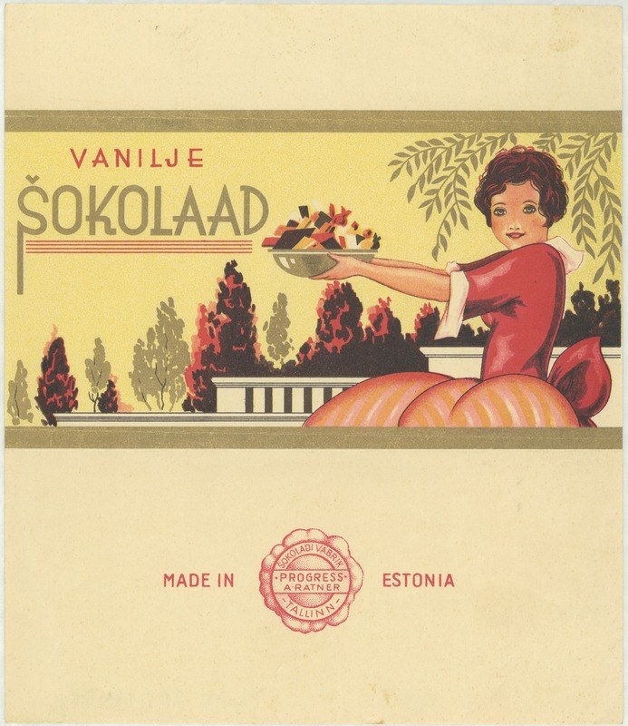 Poster featuring a woman holding a plate of food with trees in the background and text reading "Vanilje Sokolaad - Made in Estonia" at the bottom.
