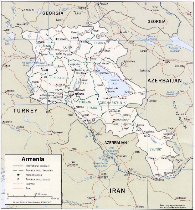 Detailierte Landkartenposter von Armenien und Aserbaidschan mit Grenzlinien, Städten und geografischen Merkmalen