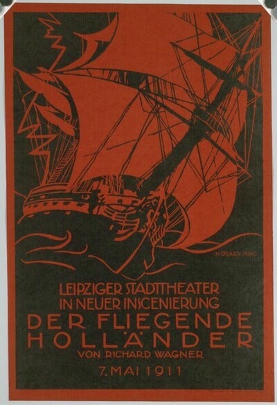 Poster for a 1911 Leipzig Stadt Theater concert in New Orleans, featuring an illustration of a ship and event details.