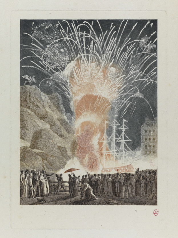 Group of people standing in front of a large explosion with a ship in the background, rocks to the left, a building to the right, and fireworks in the sky.