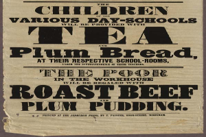 Ein Blatt mit der Aufschrift "Die Kinder der verschiedenen Tagesschulen werden mit Tee, Pflaumenbrot und Roastbeef und Pflaumenpudding versorgt"