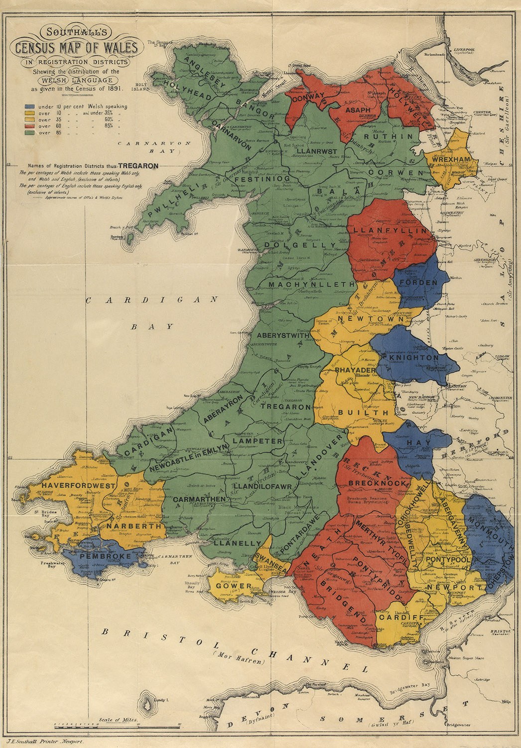 Color-coded map poster of Wales and English counties with labeled boundaries and county names.