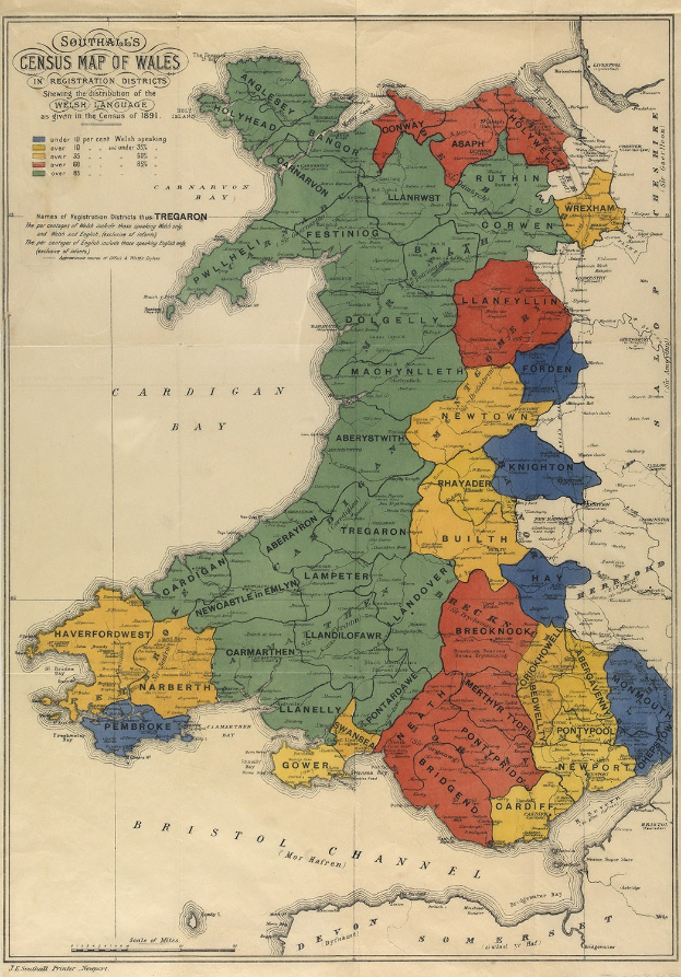 Color-coded map poster of Wales and English counties with labeled boundaries and county names.