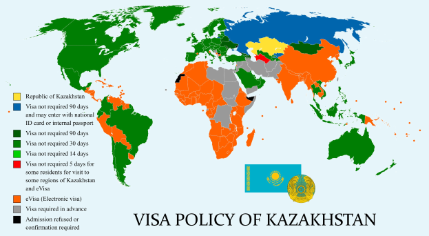 World map colored to indicate Kazakhstan's visa policy, with a caption reading "Visa Policy of Kazakhstan" at the bottom.