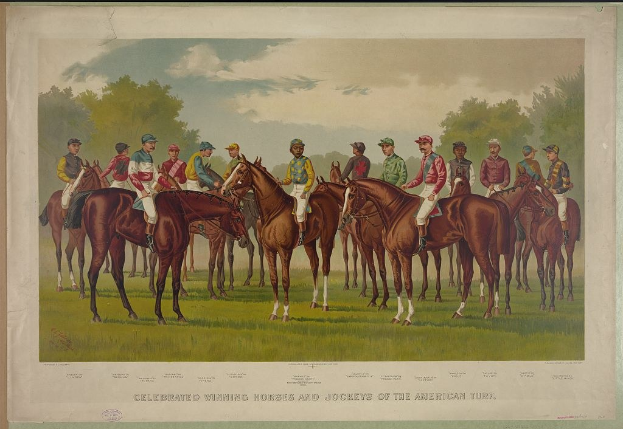 Gruppe von Menschen, die auf einem grünen Feld mit Bäumen und einem blauen Himmel reiten, Text unten lautet "Feiernder Siegerpferde und Jockeys der American Turf".