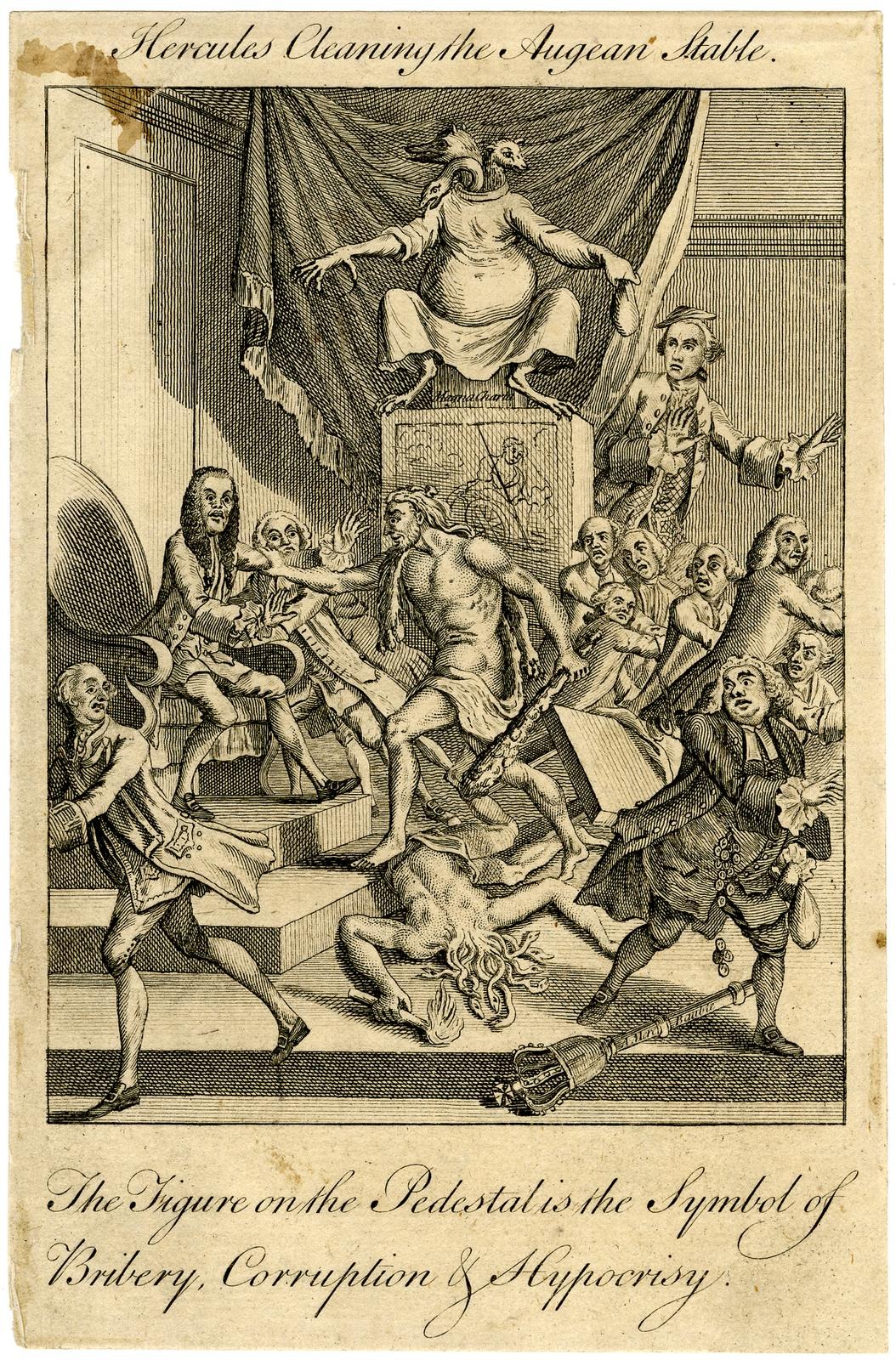 A poster depicting a group of people in a room with a central figure seated on a chair, accompanied by text at the bottom stating "The figure on the pedestal is the symbol of bribery, corruption and hypocrisy."