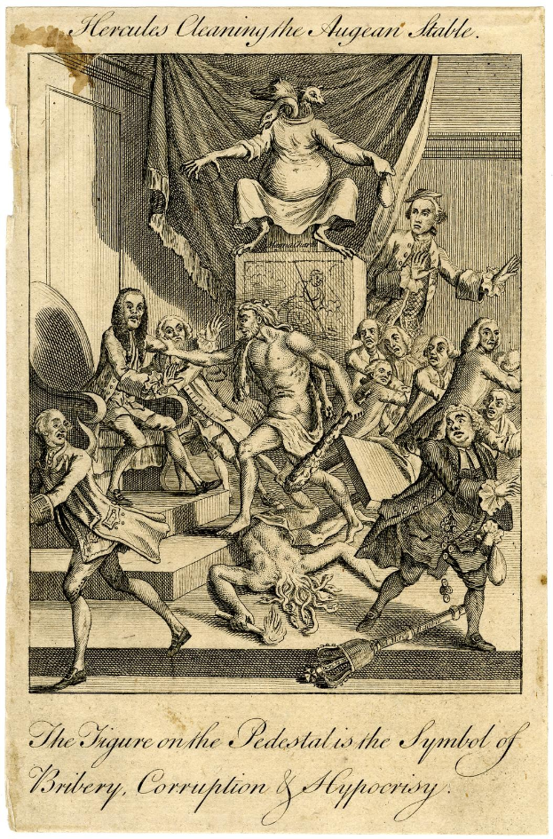 A poster depicting a group of people in a room with a central figure seated on a chair, accompanied by text at the bottom stating "The figure on the pedestal is the symbol of bribery, corruption and hypocrisy."