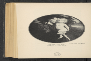 Ein aufgeschlagenes Buch mit einem Bild einer Frau, die ein Baby hält, und der Aufschrift "Mutter und Kind".