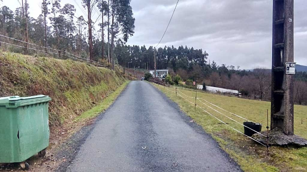 Grüner Müllcontainer an der Seite einer Straße mit Gras, Pflanzen, Bäumen, Polen, Dröhnen und einem Zaun, unter einem bewölkten Himmel.